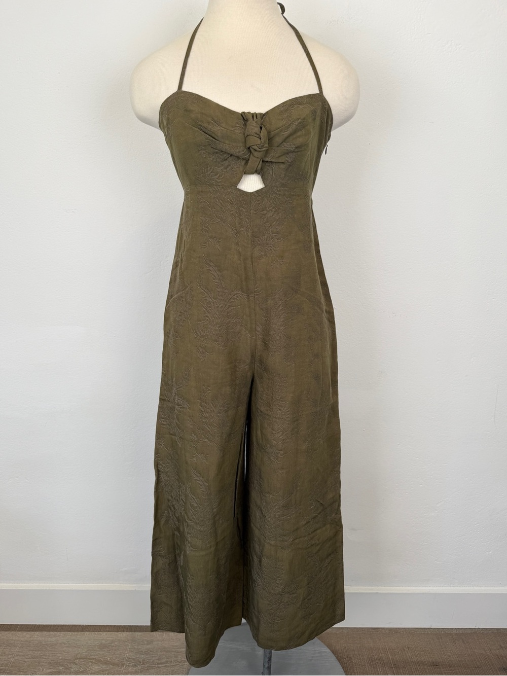 Elevenses Anthropologie Size 2 Jacquard Olive Green Linen Halter Jumpsuit